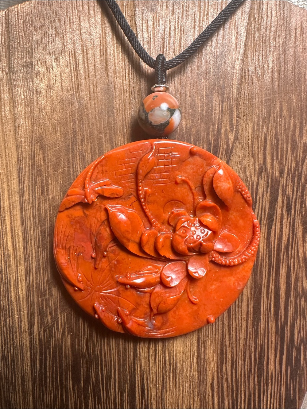 Large Round Red Agate Lotus and Dragonfly Pendant Necklace on Black Rope - Picture 11 of 13